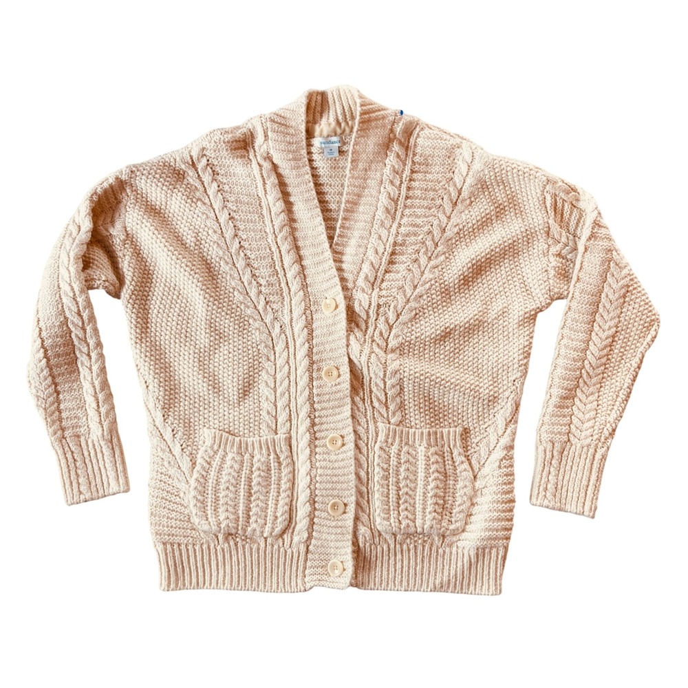 Sundance Cream Cable Knit Cardigan Sweater Wool Cotton Blend Fisherman (Size M)